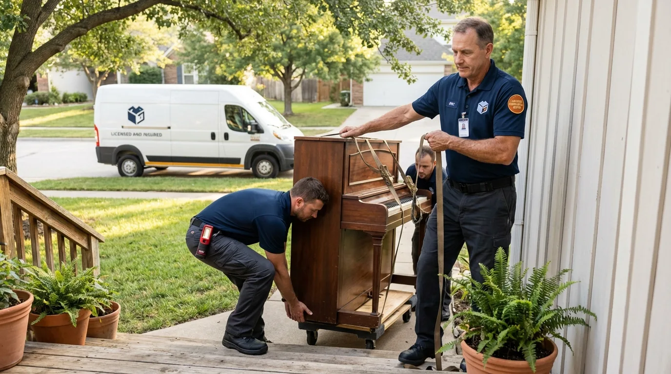Licensed piano movers securing grand piano in Katonah, NY