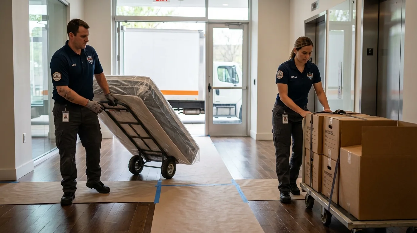 Professional apartment movers loading elevator in Katonah, NY